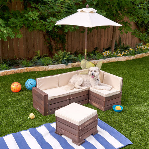 Outdoor Sectional Ottoman & Umbrella Set - Bear Brown & Beige