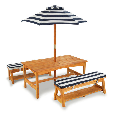 Kidkraft Outdoor Table & Bench Set with Cushions & Umbrella - Navy & White Stripes