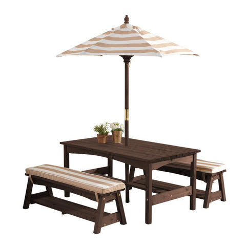 Outdoor Table/Bench Set - Oatmeal & White Stripe
