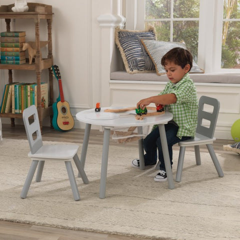 Round Storage Table & 2 Chairs Set - Gray & White