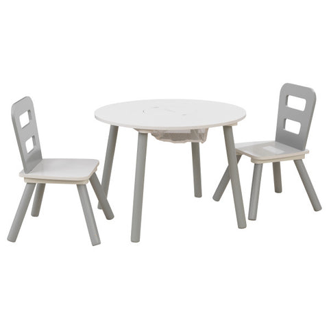 Round Storage Table & 2 Chairs Set - Gray & White