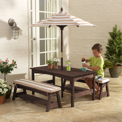 Outdoor Table/Bench Set - Oatmeal & White Stripe