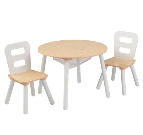 Round Storage Table & 2 Chairs Set - Natural & White